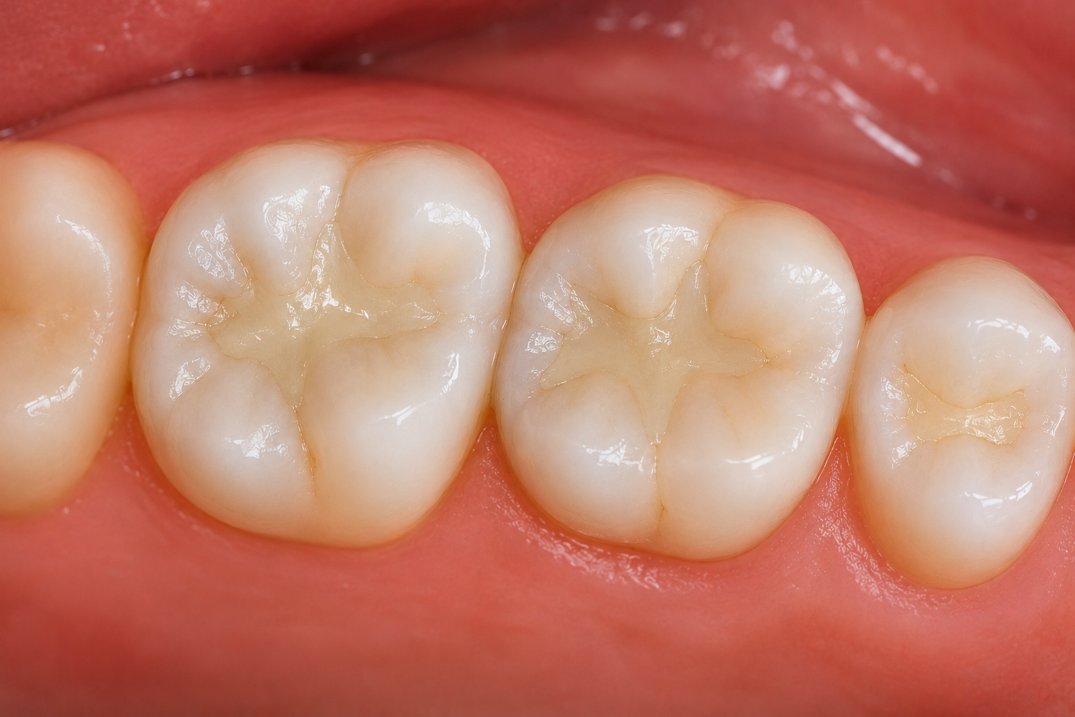 Close-up of three molar teeth with visible occlusal surfaces and healthy pink gums.