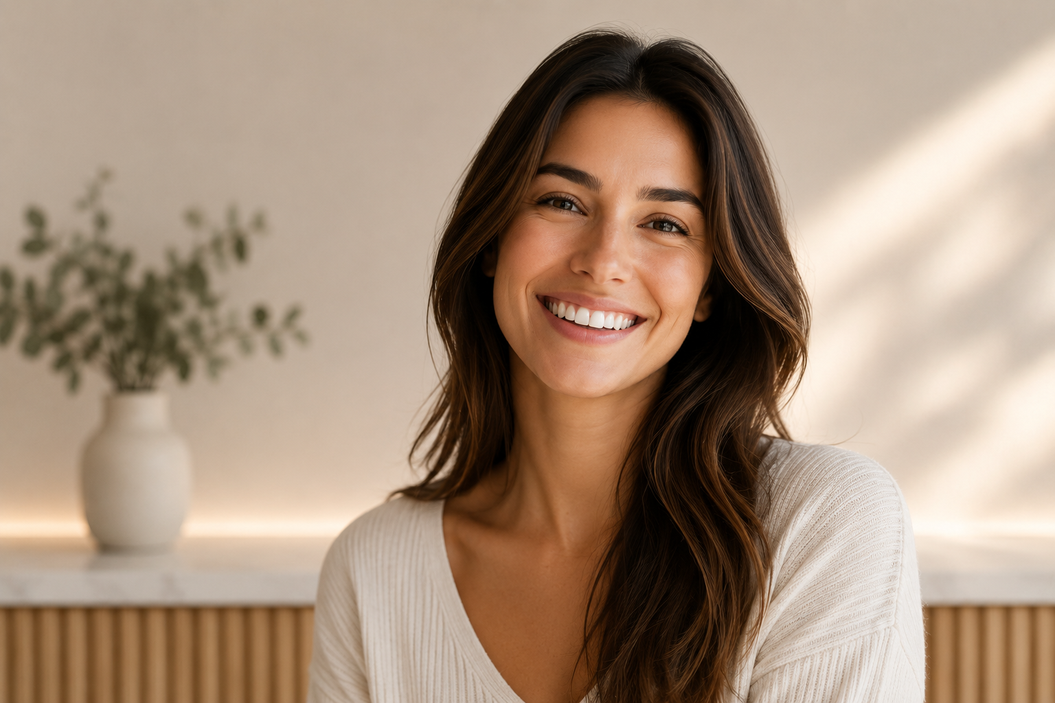 A young woman with long brown hair smiling in a well-lit room with a light-colored wall and a white vase with green foliage in the background.