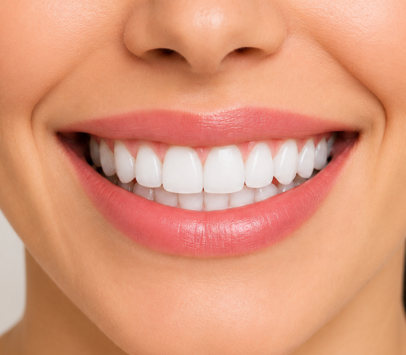 Close-up of a person's smiling mouth showing white teeth and pink lips.