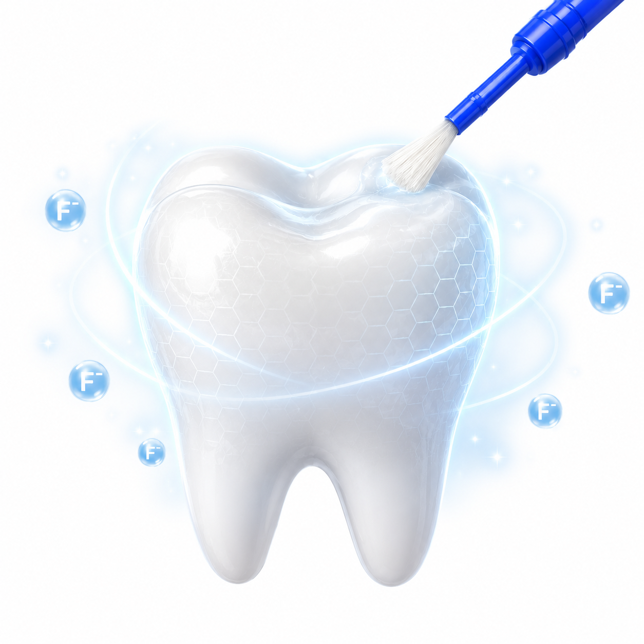 A digital illustration of a tooth with a dental cleaning brush and depictions of fluoride ions surrounding it.