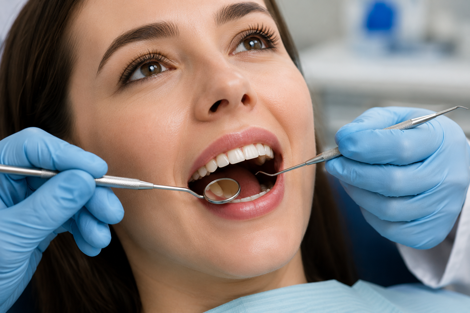 A woman at the dentist's office with a dental mirror and probe in her mouth, being examined by a dentist wearing blue gloves.