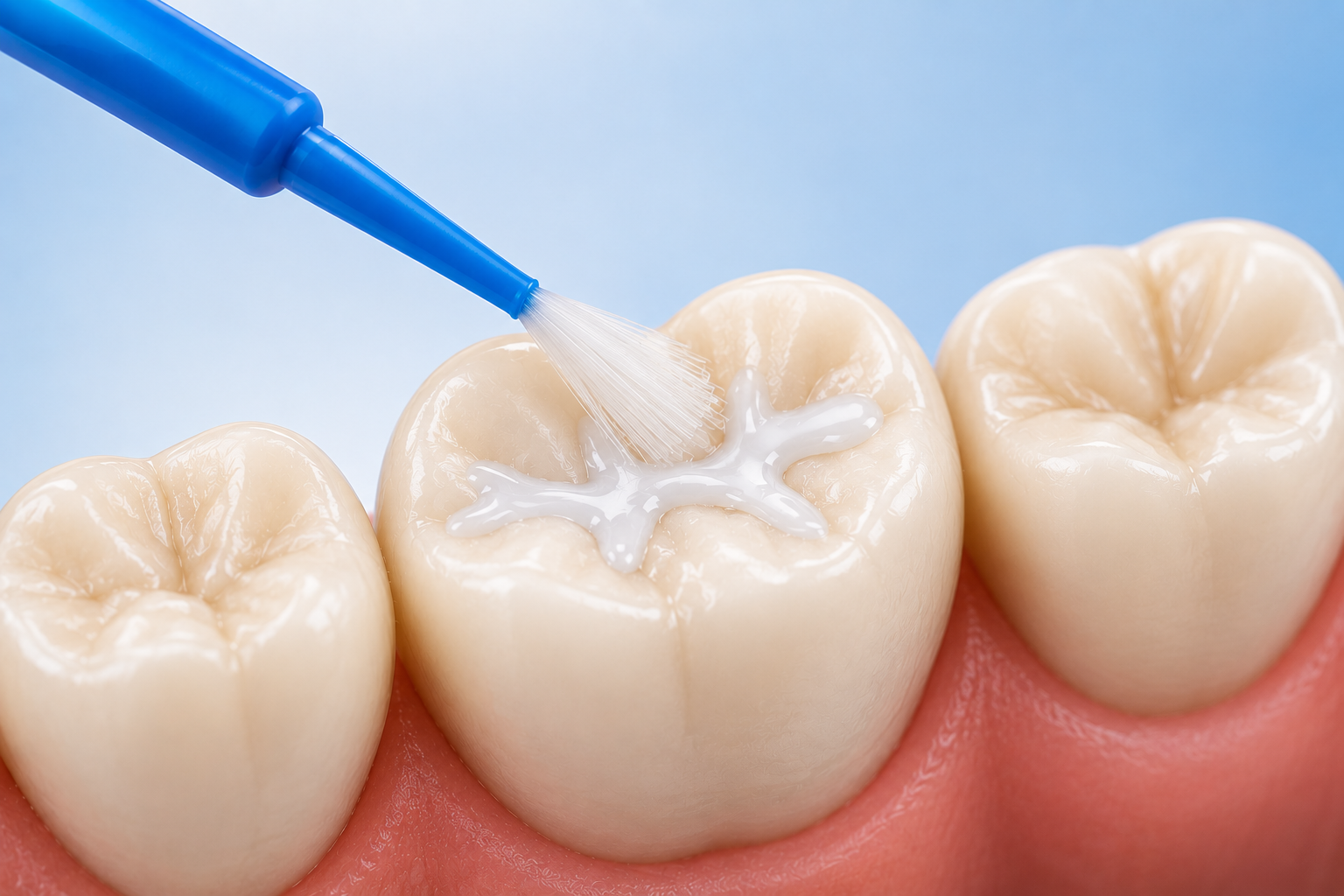 A close-up of dental sealant being applied to a molar tooth with a dental instrument.