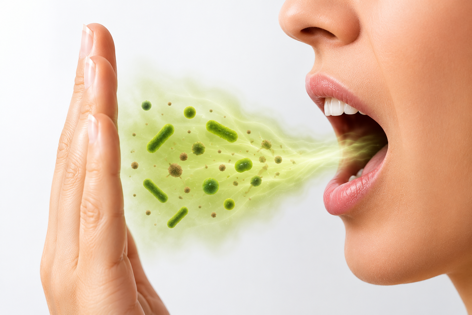 A person with an open mouth and visible teeth exhaling a stream of green bacteria and germs.