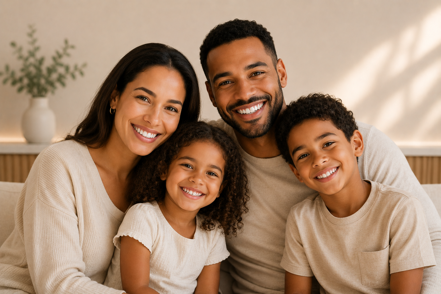 A happy multiracial family of four sitting close together on a couch, smiling at the camera. The family includes a woman, a man, and two children, a girl and a boy, all wearing beige clothing in a cozy living room with a plant in the background.