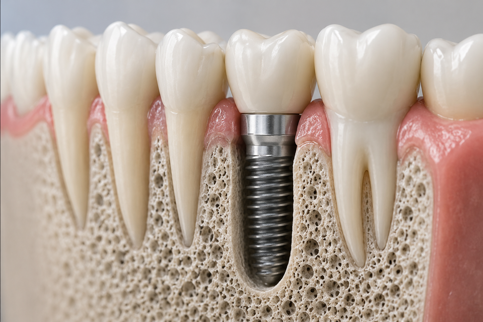 Close-up of a dental implant integrated into a jawbone, surrounded by teeth, gums, and bone tissue.