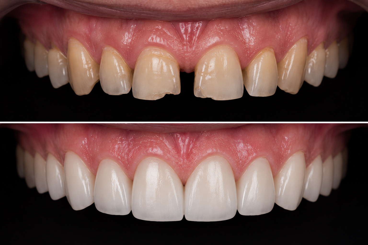 Comparison of damaged and restored front teeth, upper jaw with an emphasis on the improvement after teeth restoration.