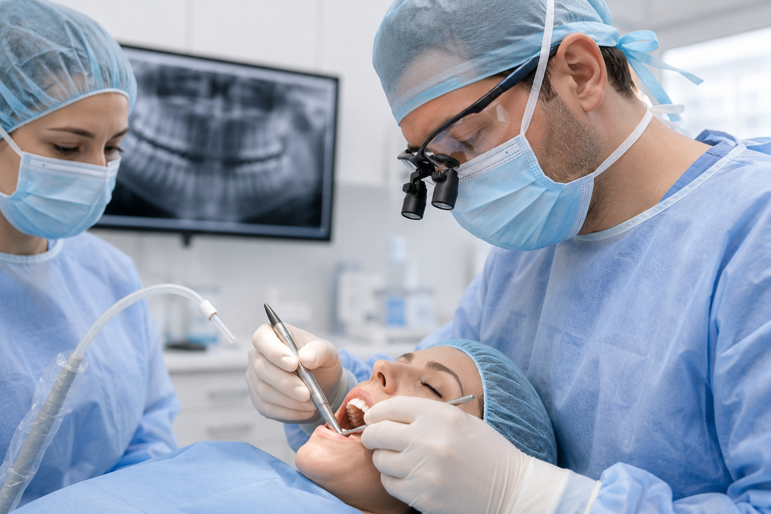 Dentists performing dental procedure on patient in a clinic with dental tools and an X-ray image on screen in the background.