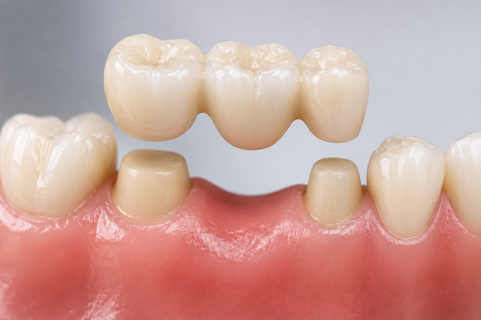 A dental model showing a dental crown being placed over a prepared tooth on the lower jaw, with surrounding teeth and gums.