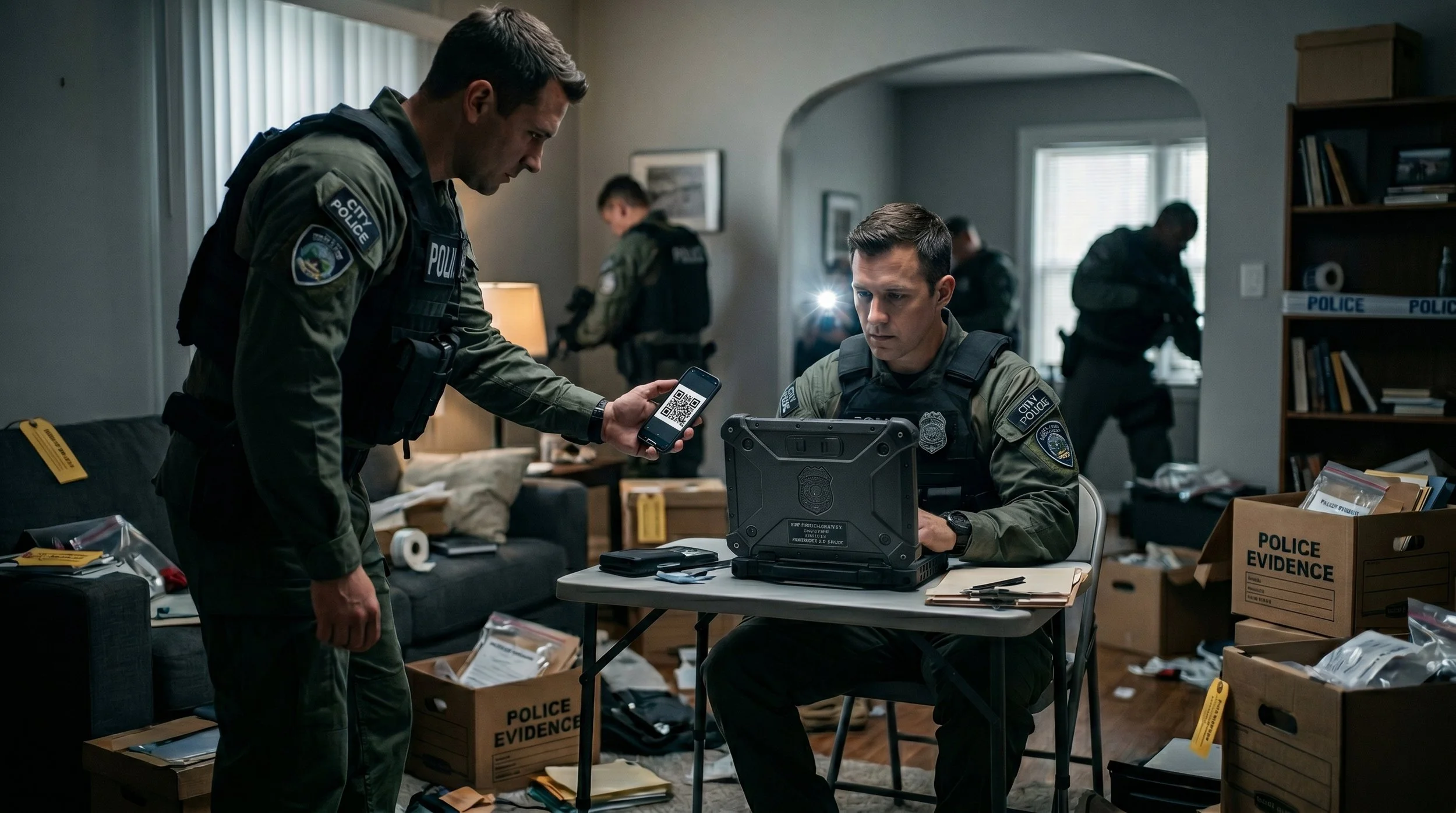 Session-specific encrypted networks.  Every time you start a new case, the MDT generates a brand new, randomized network name and cryptographic password. Officers simply scan an on-screen QR code to join, guaranteeing zero cross-contamination between