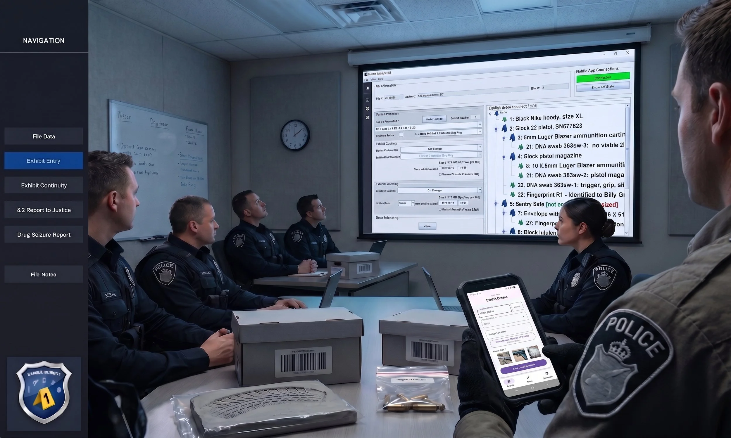 Unified Master Records.

Amass Data in One Clean Record.

 Multiple officers can collect evidence simultaneously. Exhibit In-Sight flawlessly aggregates every photo, note, and exhibit from every phone into a single, organized master file managed by t
