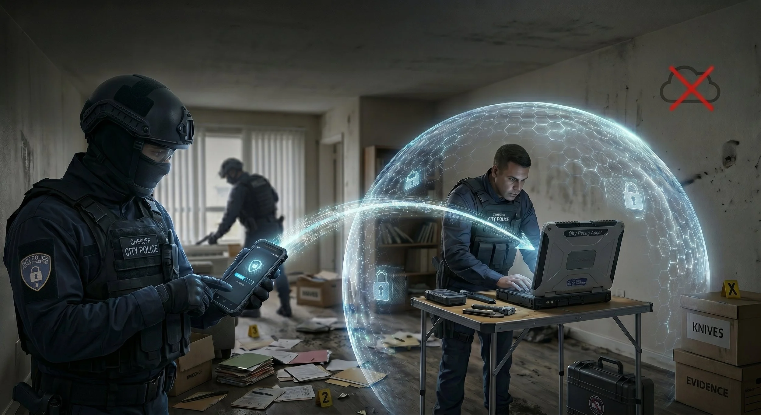 Air-gapped peer-to-peer syncing.  Mobile devices connect to the laptop MDT via a dynamic, highly secure, localized Wi-Fi hotspot. No internet connection or cellular data is ever required to sync your evidence.