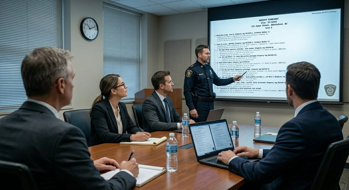 Auto-Generated Flowcharts.  Instantly convert your collected exhibits into professional, court-ready visual flowcharts. Perfect for daily briefings, Crown Counsel presentations, and tracking the hierarchy of a complex scene.

