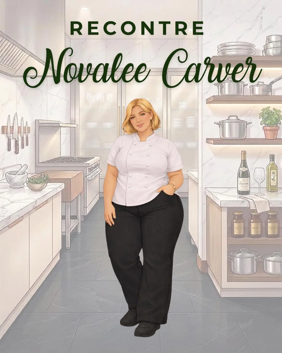 RENCONTRE : Novalee Carver 👩🏻&zwj;🍳
Cheffe propri&eacute;taire du The Butcher&rsquo;s Reserve.
Passionn&eacute;e. Exigeante.
Une femme qui a appris &agrave; tenir debout seule, mais qui n&rsquo;&eacute;tait pas pr&ecirc;te &agrave; ce qu&rsquo;un 