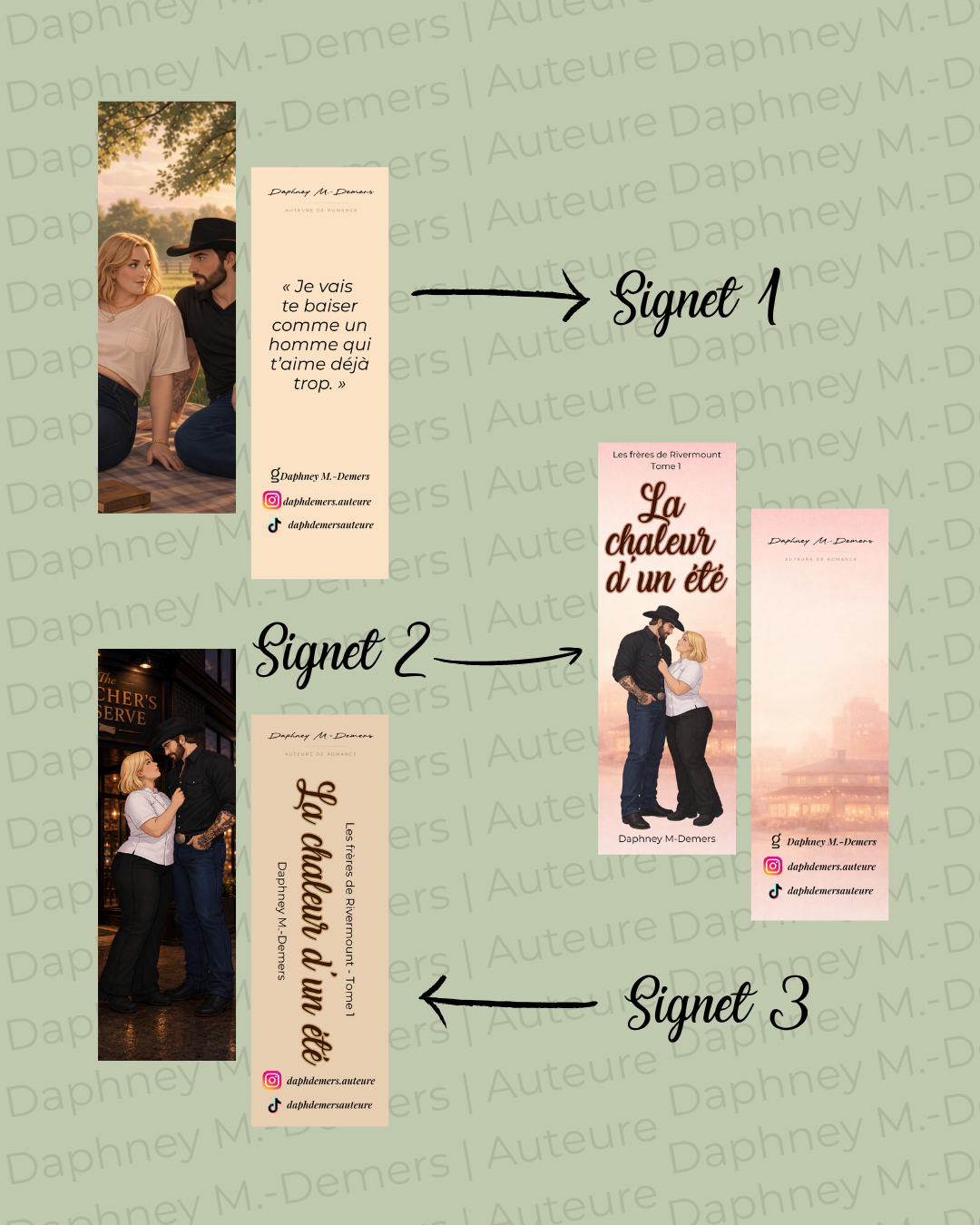 Infographies présentant trois signets avec des images de couples et des citations romantiques, chacune associée à un signet numéroté de 1 à 3, comprenant aussi des liens vers des réseaux sociaux.