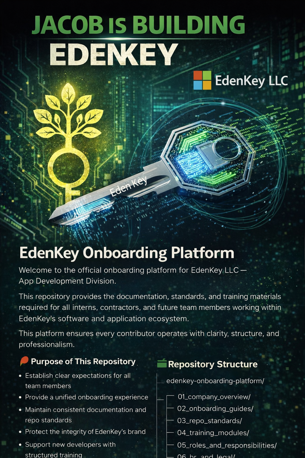 A digital graphic promoting the EdenKey onboarding platform by EdenKey LLC. The image features a large digital key with circuitry patterns and a glowing blue and green circuit design. To the left, there is a stylized yellow-green tree with a female gender symbol. The background shows a high-tech, digital environment with glowing green and blue lines resembling a circuit board. The text includes the phrases 'JACOB IS BUILDING EDERKEY,' 'EdenKey LLC,' and detailed information about the platform and its repository structure.