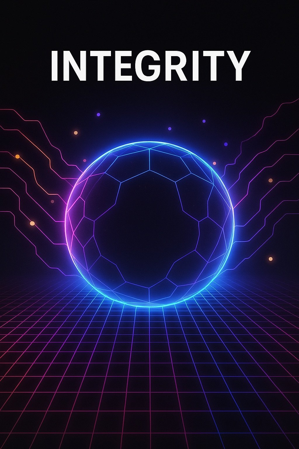 A glowing blue digital globe with a grid pattern, on a futuristic grid floor, surrounded by vibrant neon-colored lines and dots, with the word 'INTEGRITY' at the top.