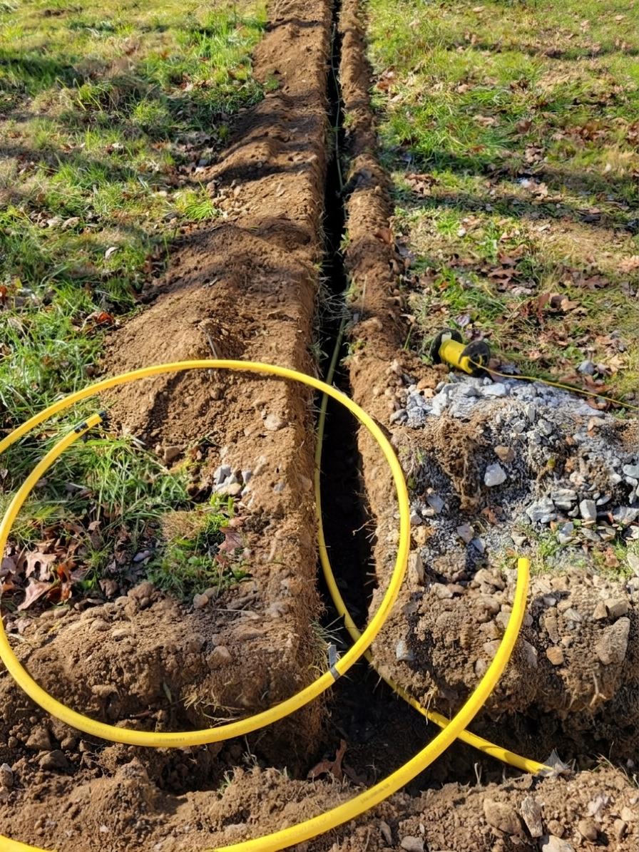 A trench dug into the ground with a yellow electrical wire inside, a spool of yellow wire, and a pile of gravel near the trench, on a grassy area.
