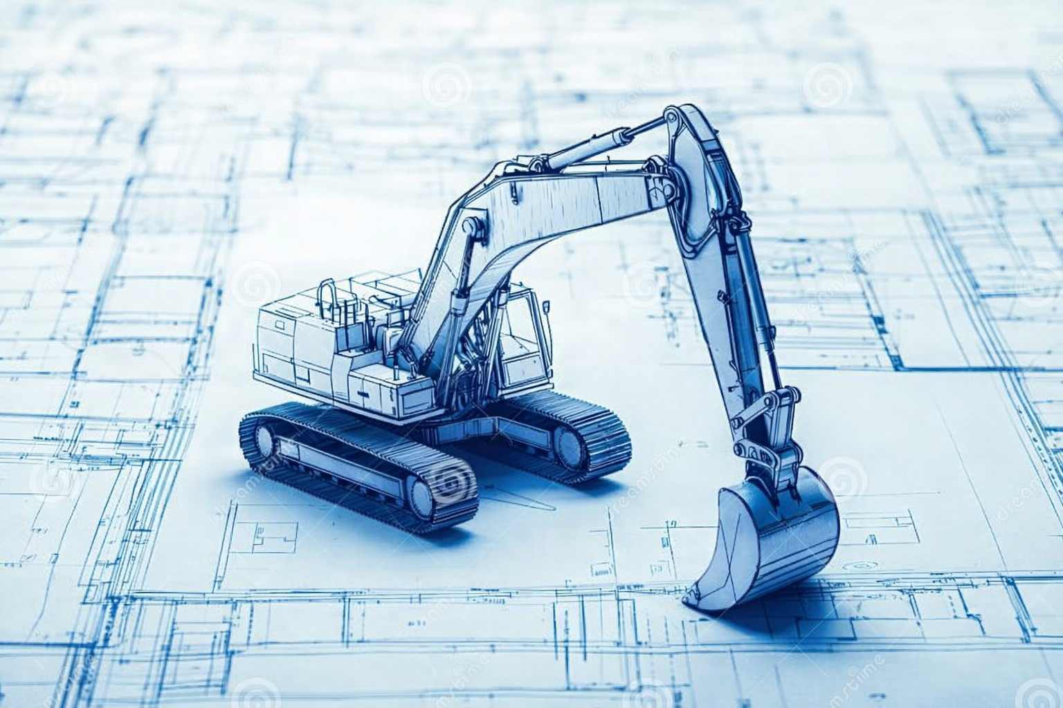 A blueprint drawing of an excavator with a detailed digital rendering of the machine placed on top of it.