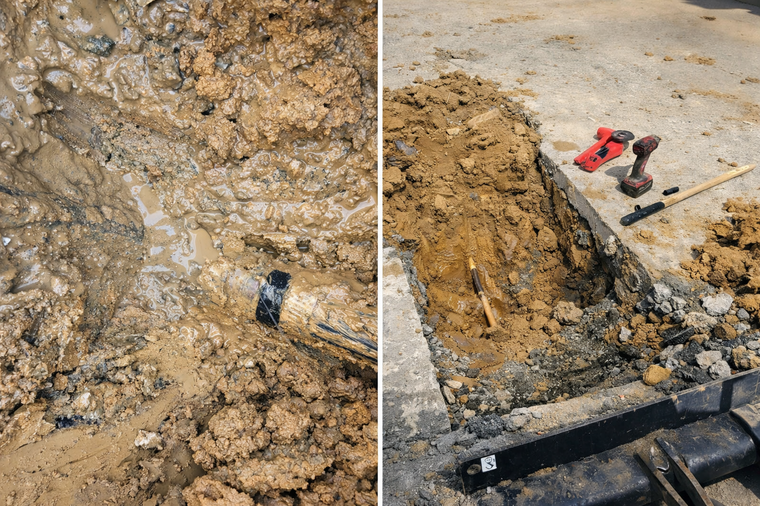 Left side shows muddy soil with a partially buried black pipe. Right side shows excavated dirt around a trench in concrete, with tools including a red drill, black drill, and a crowbar laying nearby.