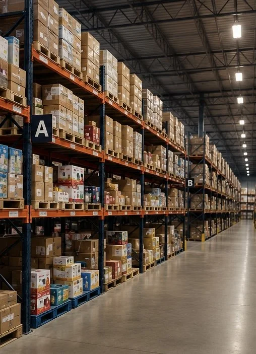 Warehouse with tall shelves filled with boxes and pallets, labeled with sections A and B, under industrial lighting.