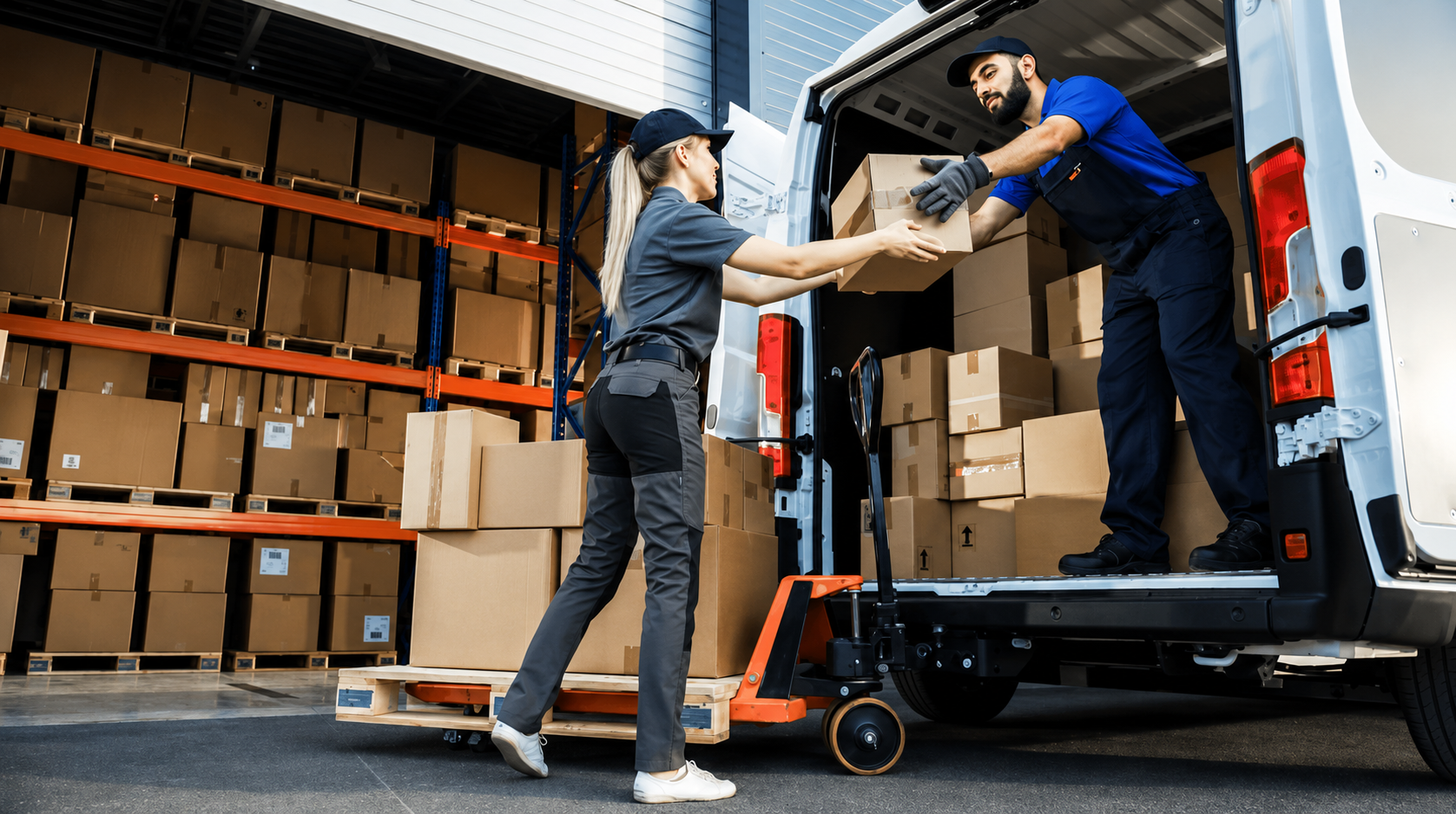 A woman and a man are loading cardboard boxes into a delivery van, with shelves of boxes in the warehouse behind them.
