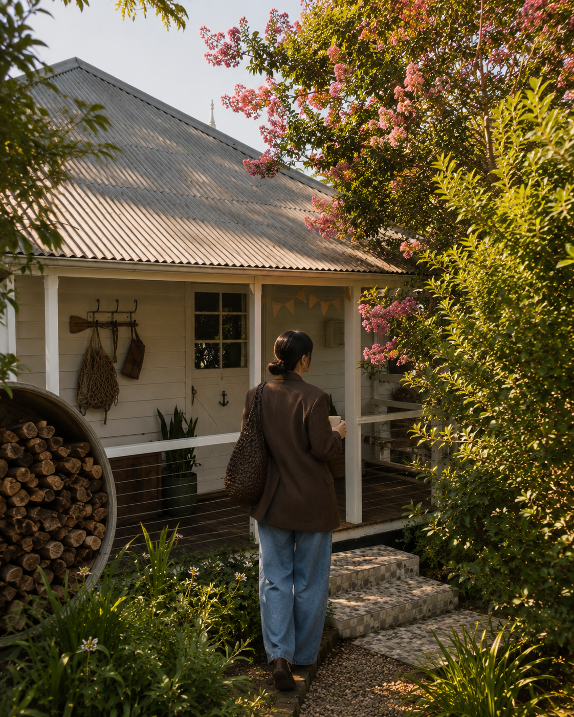 A person with dark hair in a bun, wearing a brown coat and blue jeans, standing outside a small white cottage with a corrugated metal roof, holding a cup, surrounded by greenery and pink flowering trees.