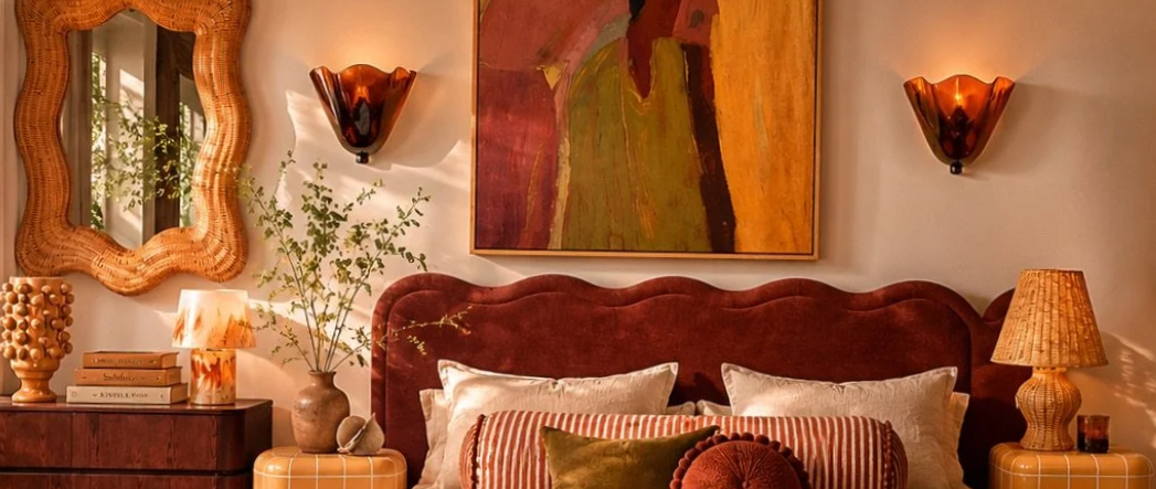 A cozy bedroom with a plush, scalloped headboard in a deep red fabric. Two white pillows and a green decorative pillow rest on the bed, which is adorned with a striped blanket. The walls are decorated with a large, abstract painting in warm tones, flanked by two amber-colored wall sconces. A wooden nightstand on each side of the bed holds lamps with patterned lampshades, and a small vase with branches or greenery is placed on the left nightstand. A wavy, ornate mirror hangs on the wall to the left, and a window with a view of greenery can be seen reflected in it.
