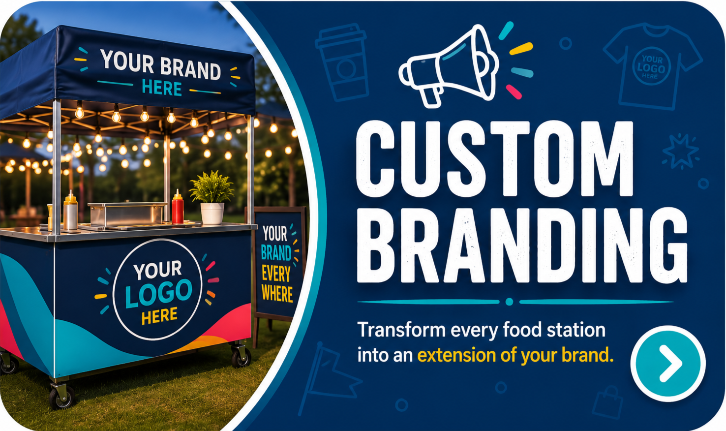 Promotional outdoor food stand with customizable branding, featuring a dark blue canopy with space for a logo and graphics, illuminated string lights, condiments, and a chalkboard sign that says "Your Brand Everywhere." The background shows trees and a evening sky.