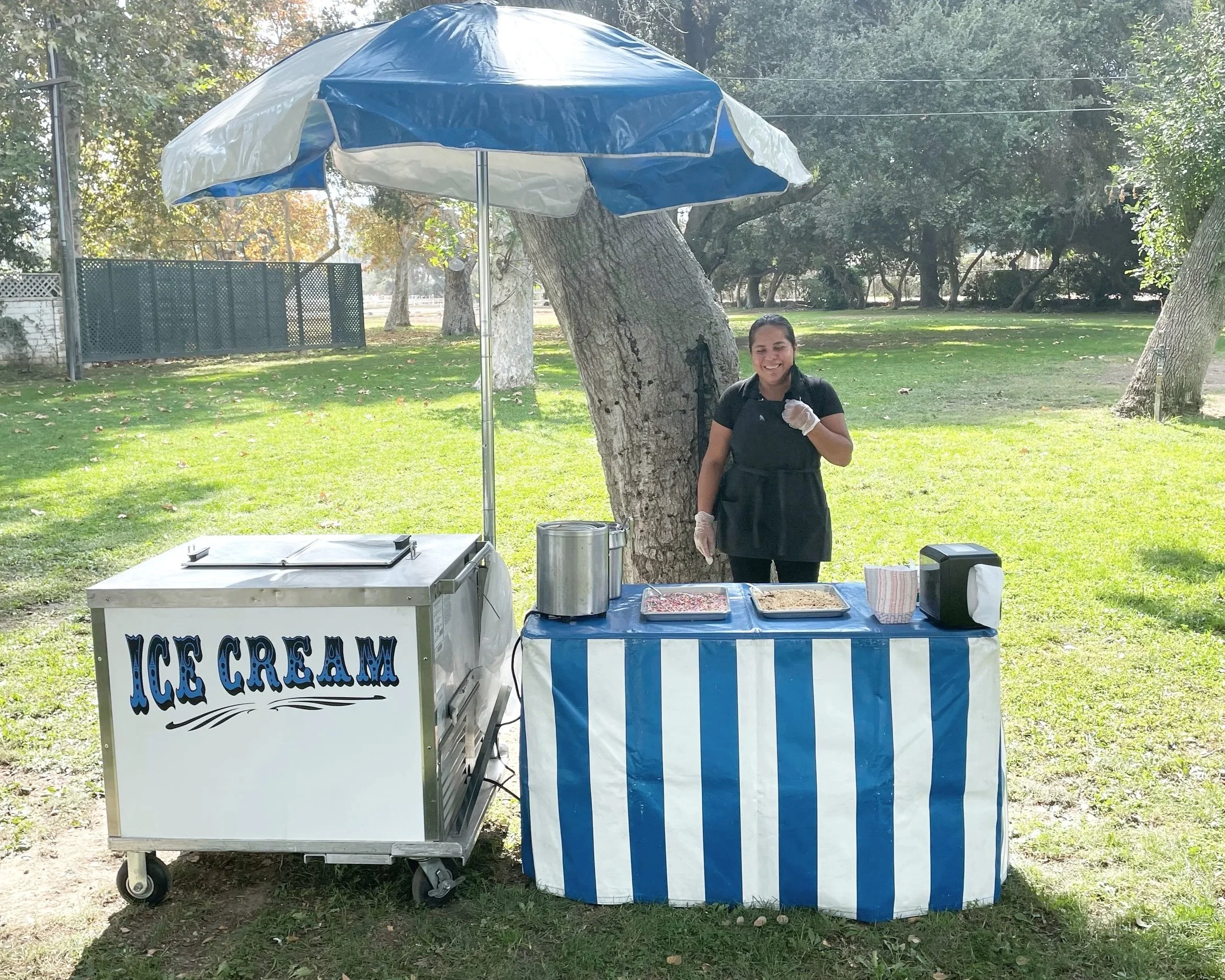 A young woman standing behind a small outdoor ice cream stand with a blue and white striped cover, surrounded by trees in a park, smiling while wearing a black apron and gloves, with ice cream and toppings on the table in front.
