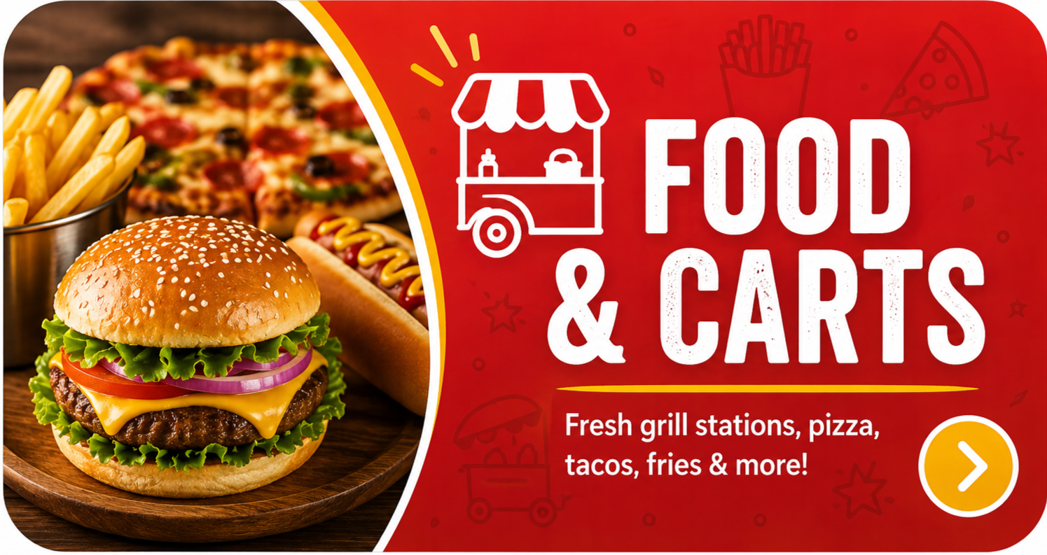 Promotional image of fast food including a burger, pizza, hot dog, fries, and a menu cart graphic, with text advertising fresh grill stations, pizza, tacos, fries, and more.