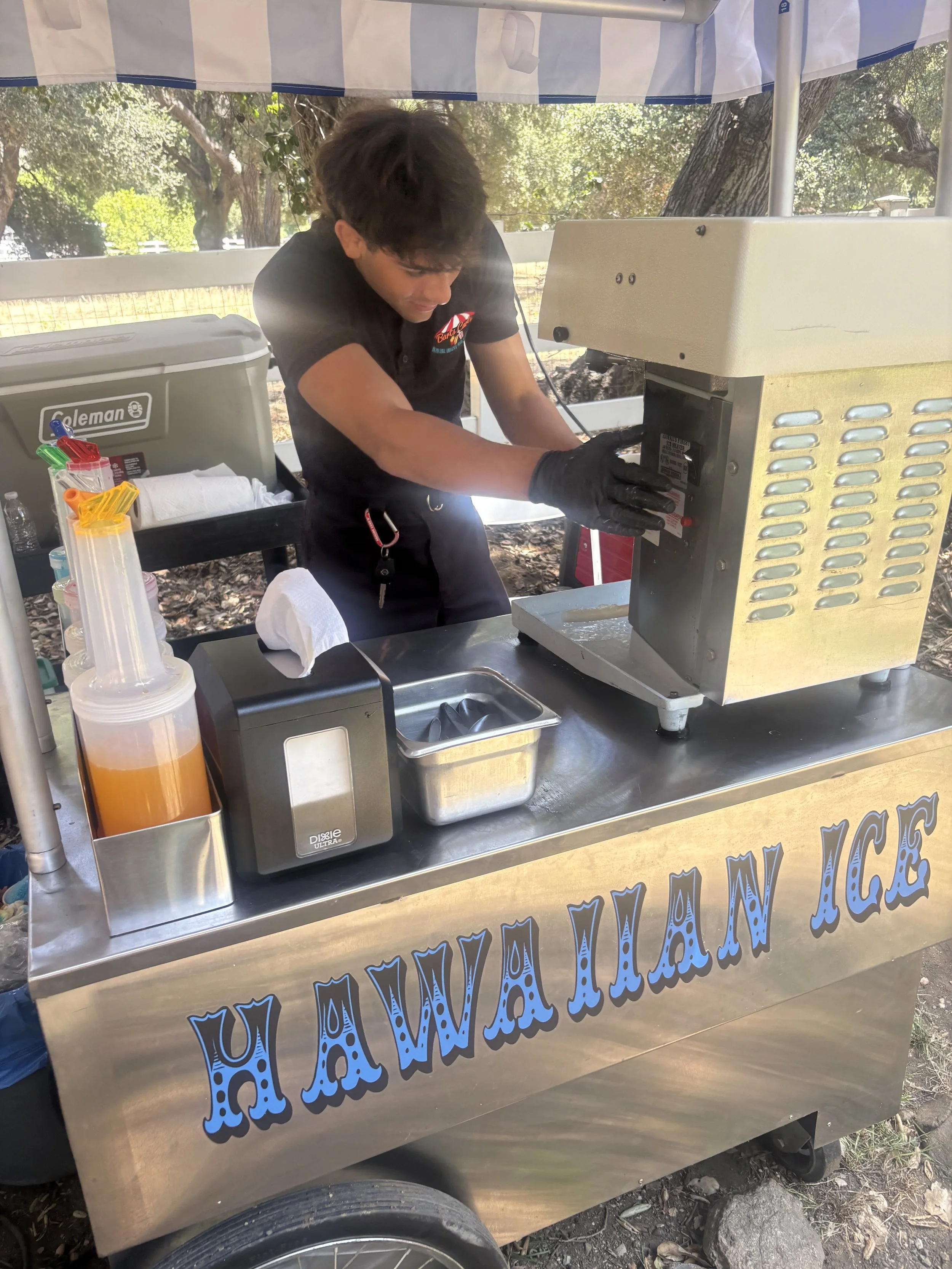 A person working at a shaved ice food cart outdoors, with trees and sunlight in the background, and the words 'Hawaiian Ice' written on the side of the cart.