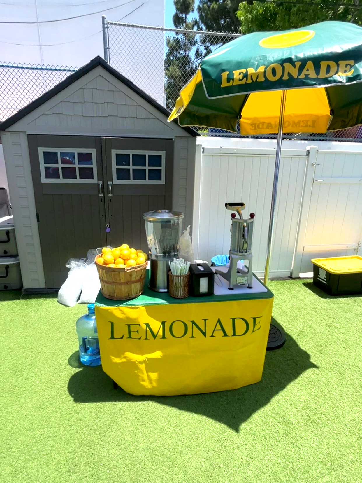 A lemonade stand with a yellow sign and umbrella, featuring lemons, a juicer, and a blender, set on a grassy area with a white fence and small shed in the background.