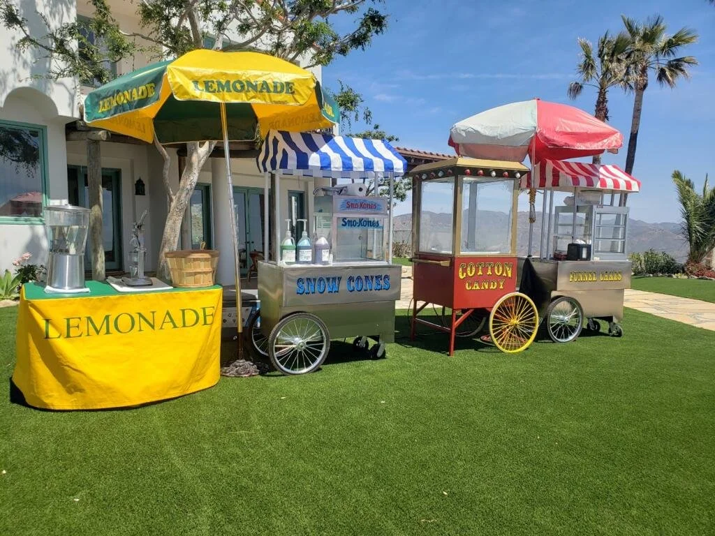 Outdoor scene with colorful handheld food and drink carts and umbrellas, selling lemonade, snow cones, cotton candy, and funnel cakes on a grassy area with trees, palm trees, and mountains in the background.