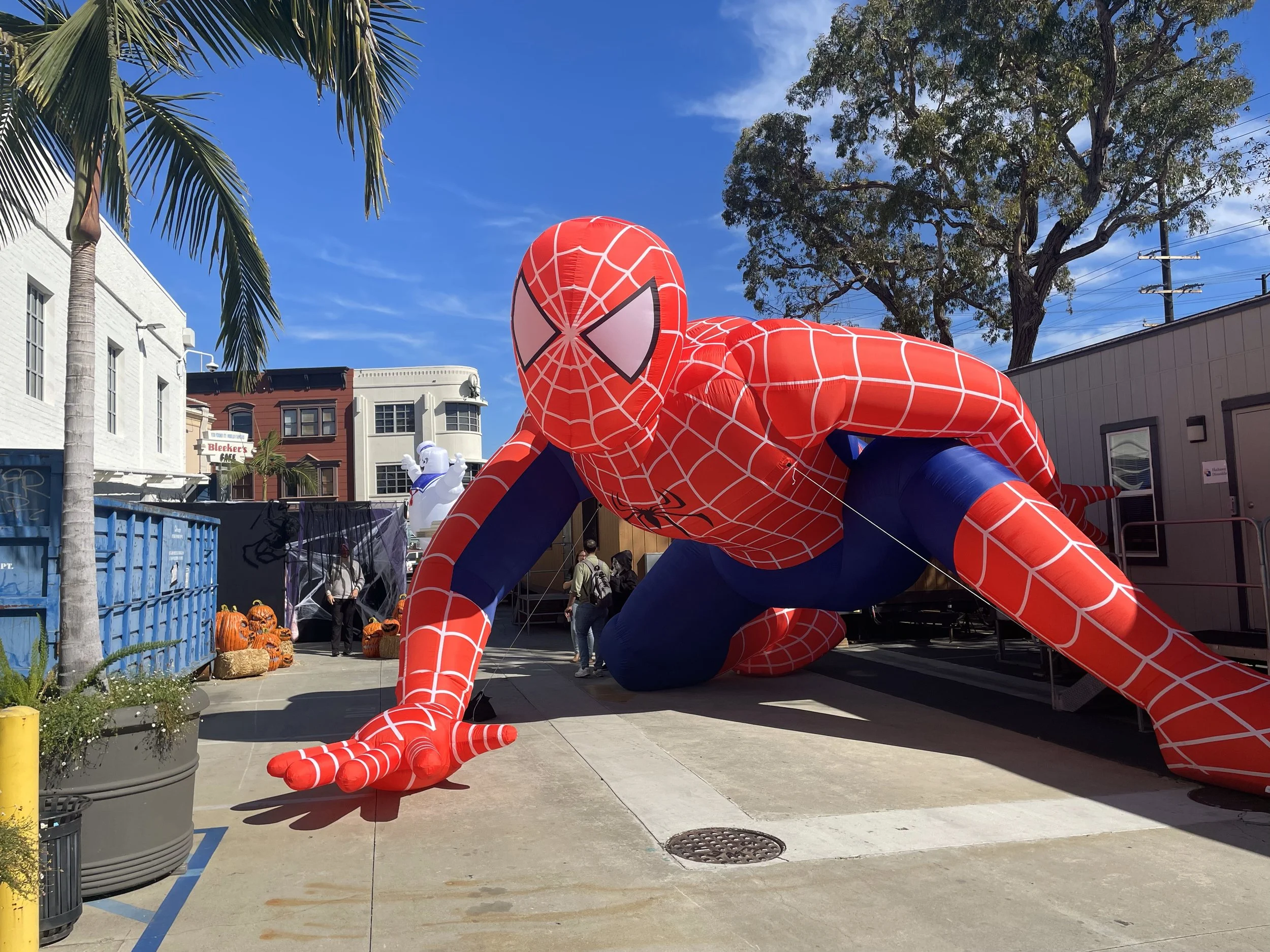 A giant inflatable Spider-Man figure in a crouching pose outdoors. There are pumpkins with carvings nearby, and buildings with trees and blue sky in the background.