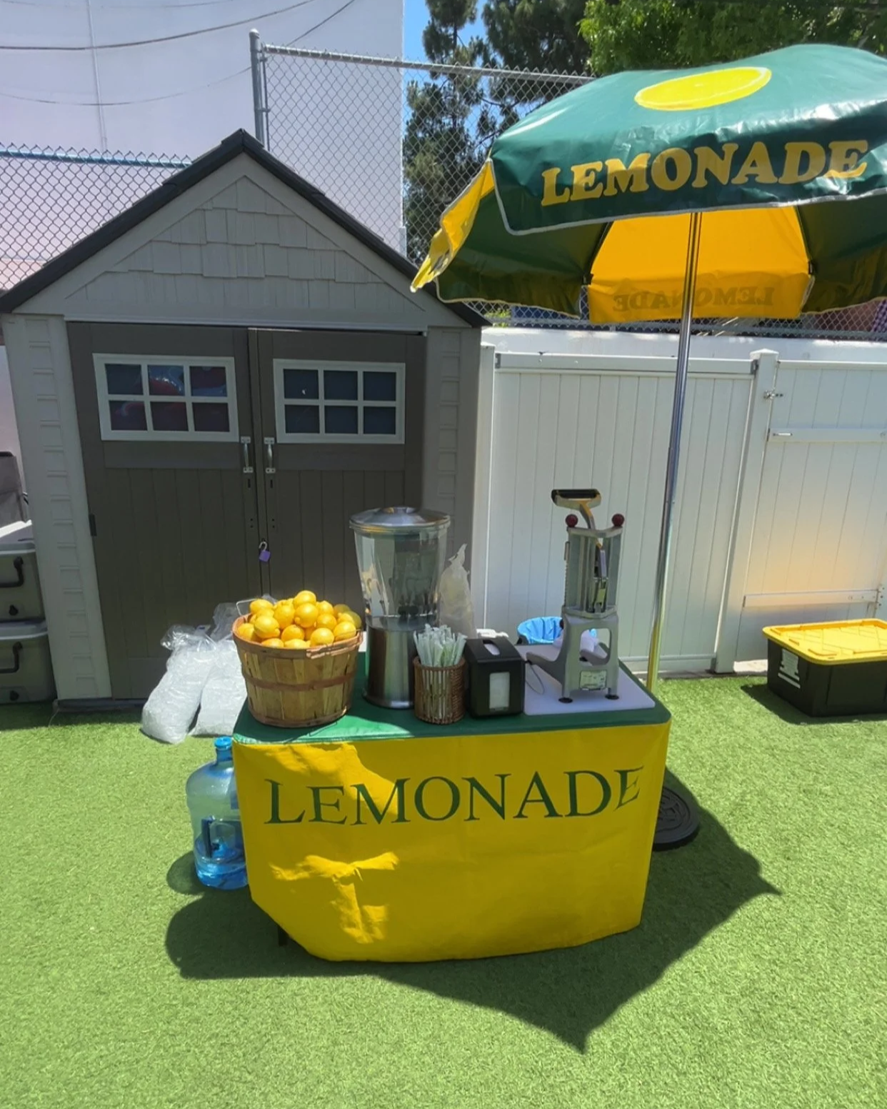A lemonade stand set up outdoors on bright green artificial turf, featuring a yellow banner with 'LEMONADE' written on it, a large green and yellow umbrella providing shade, a basket of lemons, a commercial lemon squeezer, a plastic water jug, and other lemonade-making equipment. A small grey shed, a white fence, and trees are visible in the background.