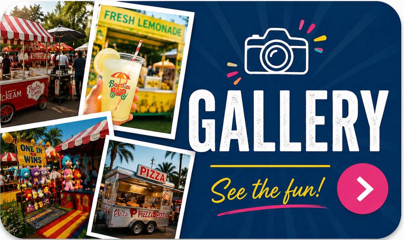 A promotional graphic for a fun fair, featuring images of carnival games, food stands, a vendor selling pizza, and a refreshing drink, with the text 'GALLERY' and 'See the fun!'