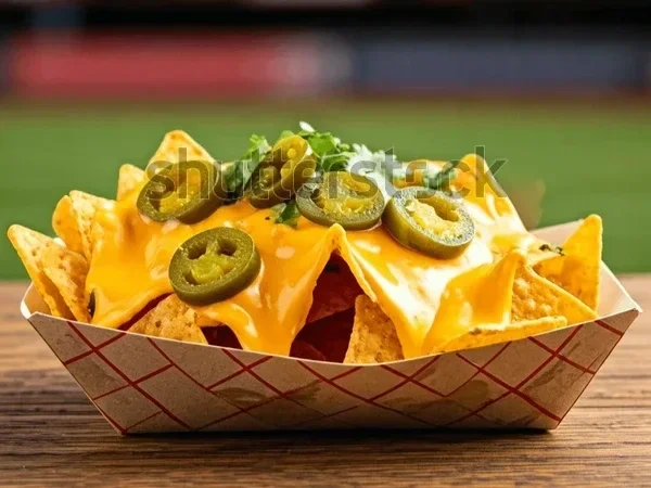 A tray of nachos topped with melted cheese, jalapeño slices, and chopped green onions on a wooden surface.