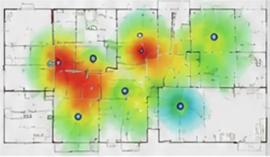 Wi-Fi coverage analysis before wireless network optimization showing uneven coverage and interference.