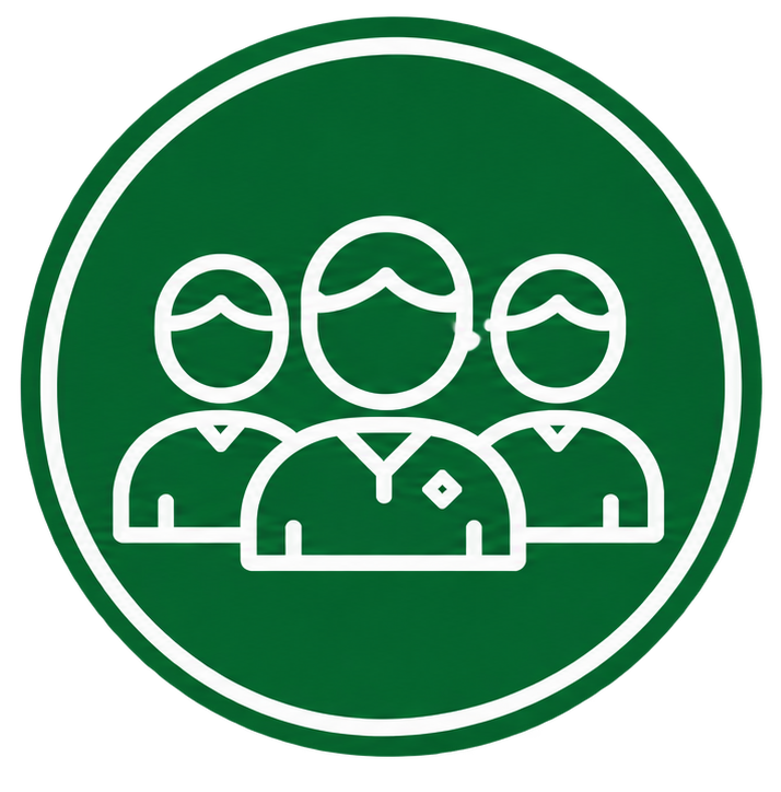 Icon of three people, indicating teamwork or group collaboration, on a green circular background.