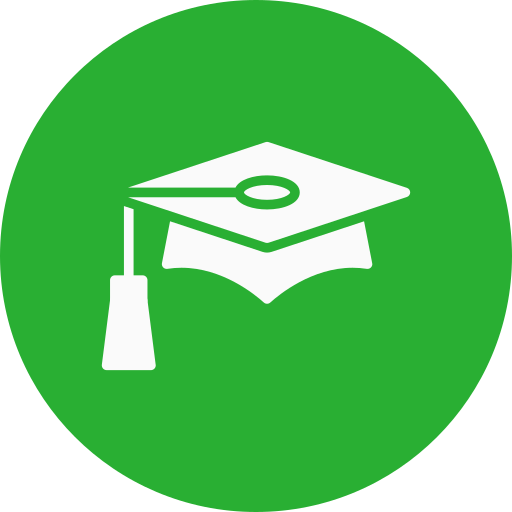Icon of a graduation cap and diploma on a green circular background.