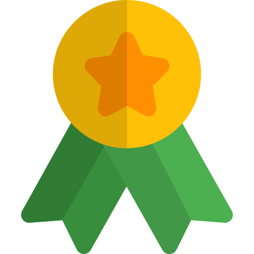 Digital illustration of an award ribbon with a gold circular top featuring an orange star, and two green ribbon streamers hanging below.