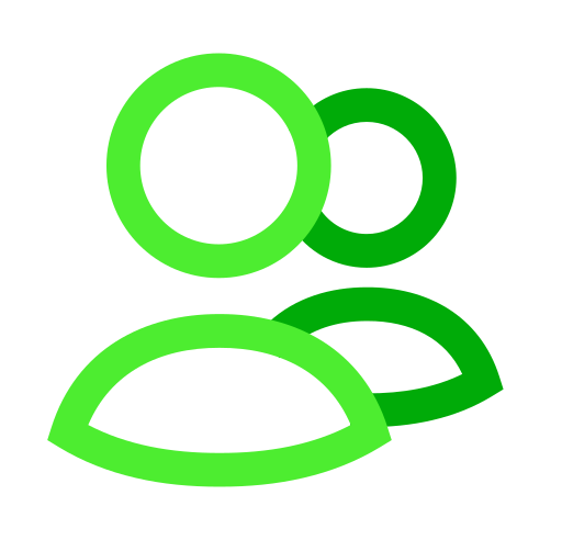 Green group icon of three people on black background.
