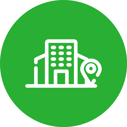 Icon of a hotel building and a location pin on a green background.