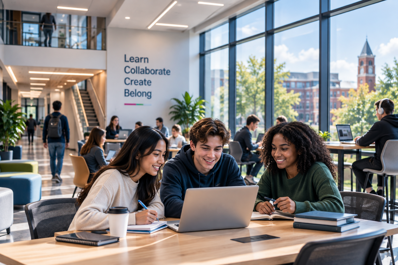 Students collaborating with laptops in a modern connected learning environment.
