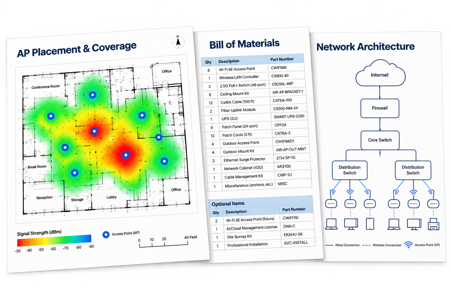 Wireless network design deliverables including AP placement, bill of materials, and network architecture.