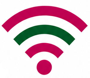 Illustration of a Wi-Fi signal icon with pink, white, green, and pink bands.