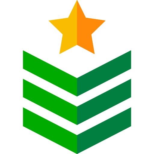 A gold star above three stacked green chevrons on a black background.