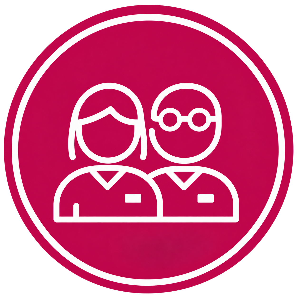 Icon of two people, one with long hair and one with glasses, inside a pink circle.