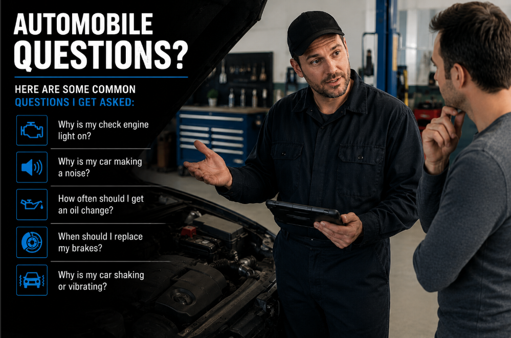 A mechanic explaining vehicle maintenance questions to a customer in an auto repair shop, with a list of common automobile questions displayed on the left side.