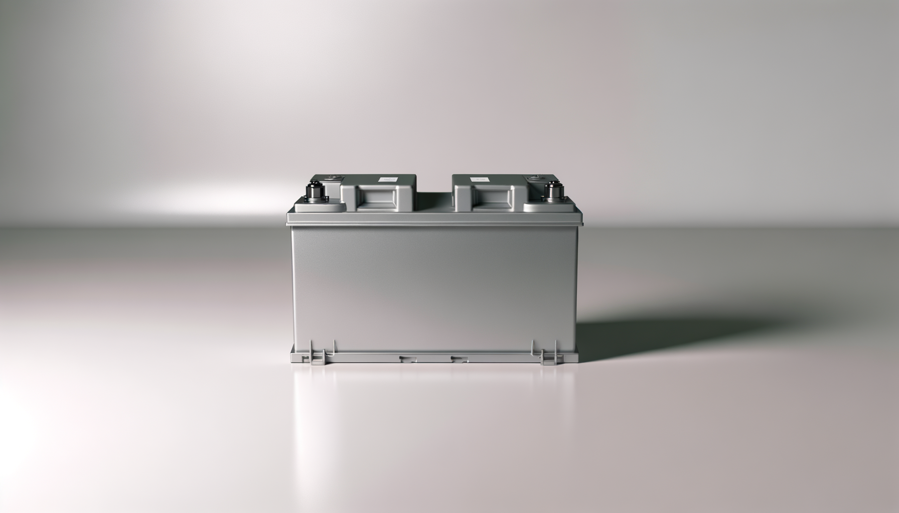 A large silver car battery placed on a white surface against a gray background.